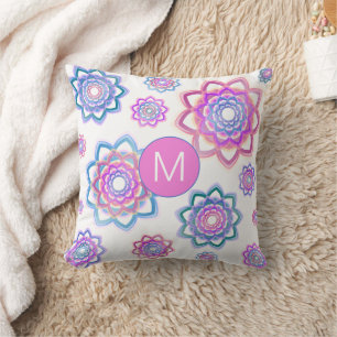 Farbige Lotus Floral Monogram Pink Blau Grün Kissen