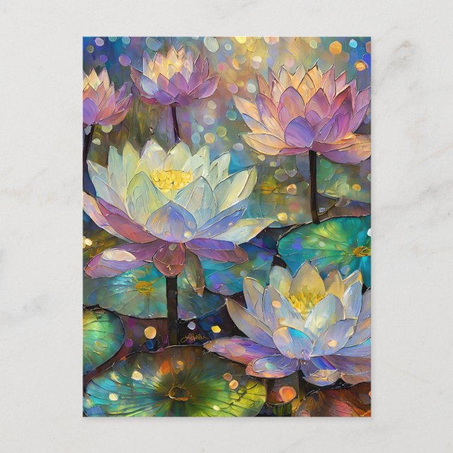Farbige Lotusblumen blühen im Schnee Postkarte (Vorderseite)
