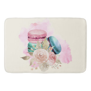 Farbige Macarons und Wasserfarben Blumen Badematte
