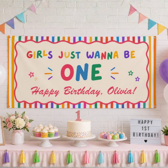 Farbige Mädchen wollen nur ein Regenbogen sein  Banner (girls just wanna be one, first birthday banner, personalized banner, birthday backdrop, birthday par)