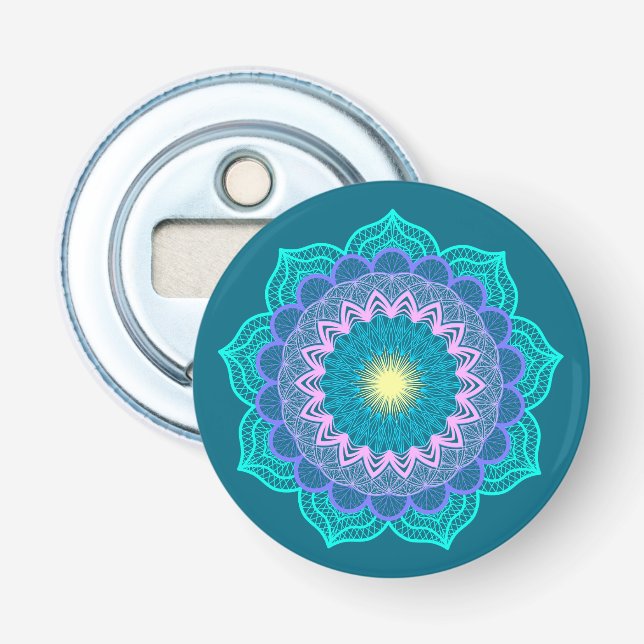 Farbige Mandala auf blauem Hintergrund Flaschenöffner (Vorderseite)