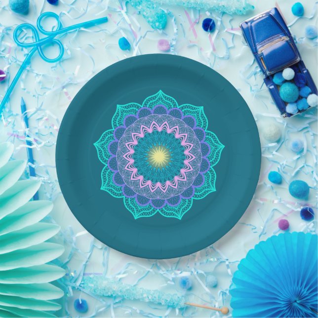 Farbige Mandala auf blauem Hintergrund Pappteller (Party)