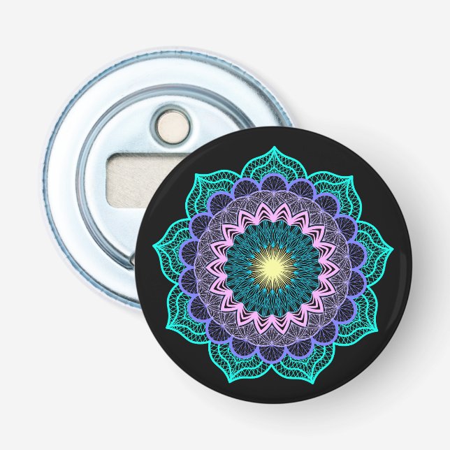 Farbige Mandala auf schwarzem Hintergrund Flaschenöffner (Vorderseite)