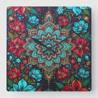 Farbige Mandala-Blumen-Wanduhr | Boho-Himeneinrich Quadratische Wanduhr
