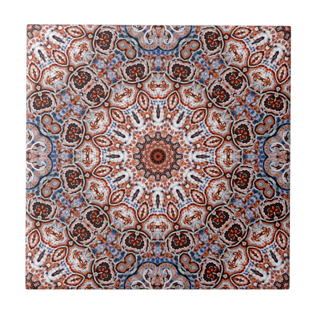 Farbige Mandala in gemischten Grau-Orange-Farben Fliese (Vorderseite)