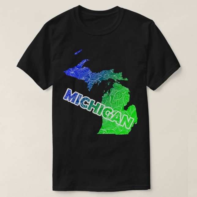 Farbige mandala Kunstkarte von Michigan mit Text i T-Shirt (Design vorne)