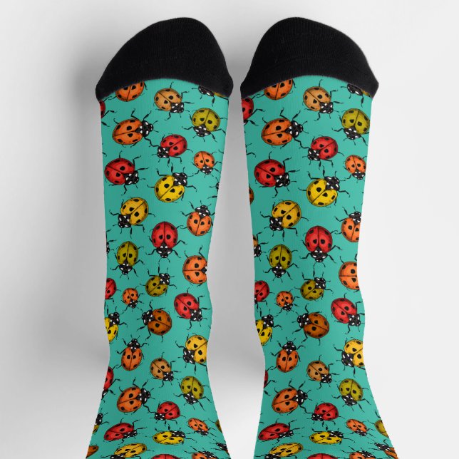 Farbige Marienkäfer auf Türkis Socken (Oben)