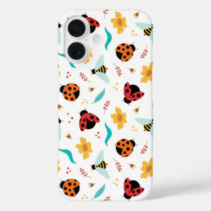 Farbige Marienkäfer und Bienen auf einer Blütenpra iPhone 16 Hülle