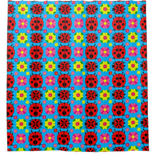 Farbige Marienkäfer und Blumen Duschvorhang