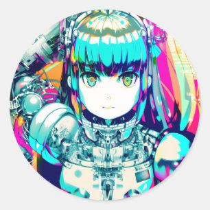 Farbige Mecha Anime Mädchen Runder Aufkleber