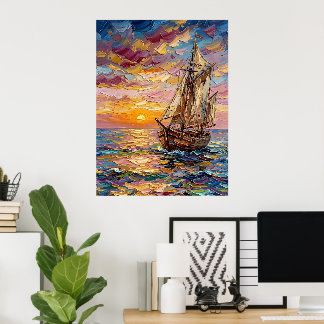 Farbige Meereslandschaft mit Segelschiff Poster