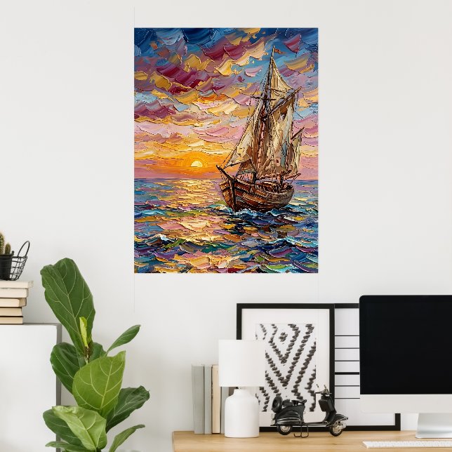 Farbige Meereslandschaft mit Segelschiff Poster (Heimbüro)