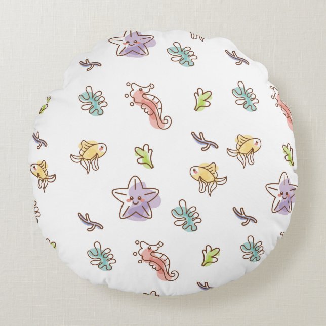 Farbige Meereswelt mit Seestern und Fischen v Rundes Kissen (Vorderseite)