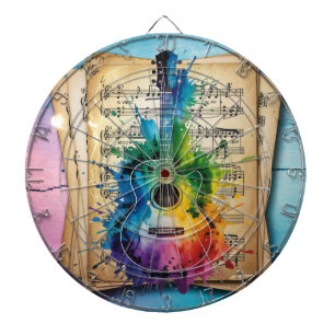 Farbige Melodie: Bemalte Gitarre auf Vintage-Musik Dartscheibe