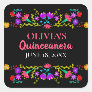 Farbige Mis Quince Anos mexikanische Fiesta Blumen Quadratischer Aufkleber