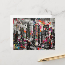 Farbige Mixed-Media-Architektur- und Vogel-Collage Postkarte