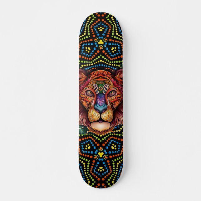 Farbige Mixed-Media-Boho-Tierkopf- und Punktkunst  Skateboard (Vorne)