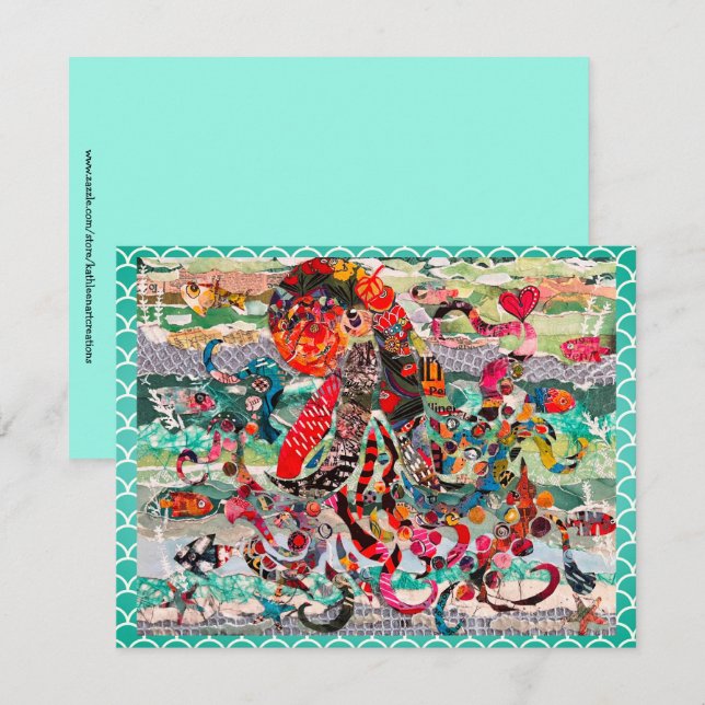 Farbige Mixed Media Octopus Grußkarte Einladung (Vorne/Hinten)