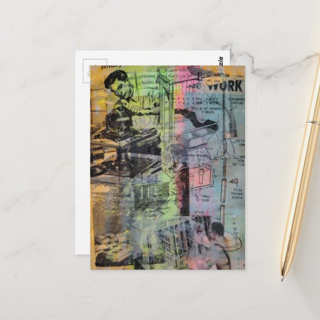 Farbige Mixed-Media-Retro-Holzarbeiten Männer Postkarte (Vorderseite/Rückseite Beispiel)