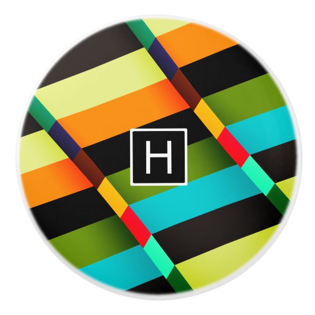 Farbige, moderne Abstrakte Streifen und Monogramm Keramikknauf (Vorderseite)