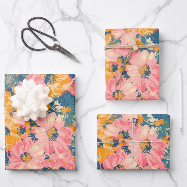 Farbige moderne Blume Blumenmuster Geschenkpapier Set (Vorderseite)