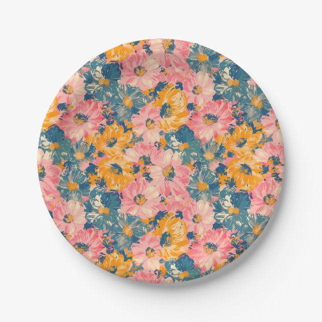 Farbige moderne Blume Blumenmuster Pappteller (Vorderseite)