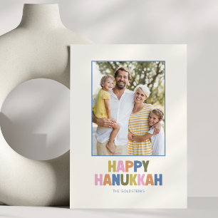 Farbige moderne Hanukkah-Familienfoto Blau gestrei Feiertagskarte