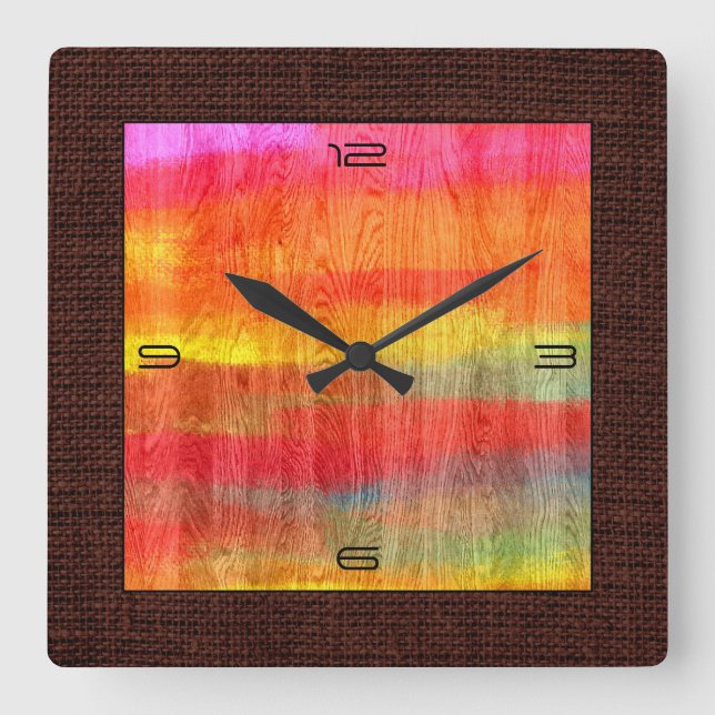 Farbige moderne Holzkörner Burlap-Grenze #7 Quadratische Wanduhr (Vorderseite)