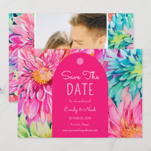 Farbige moderne tropische Blumen Hochzeitsfoto Save The Date