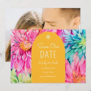 Farbige moderne tropische Blumen-Hochzeitsfoto Save The Date