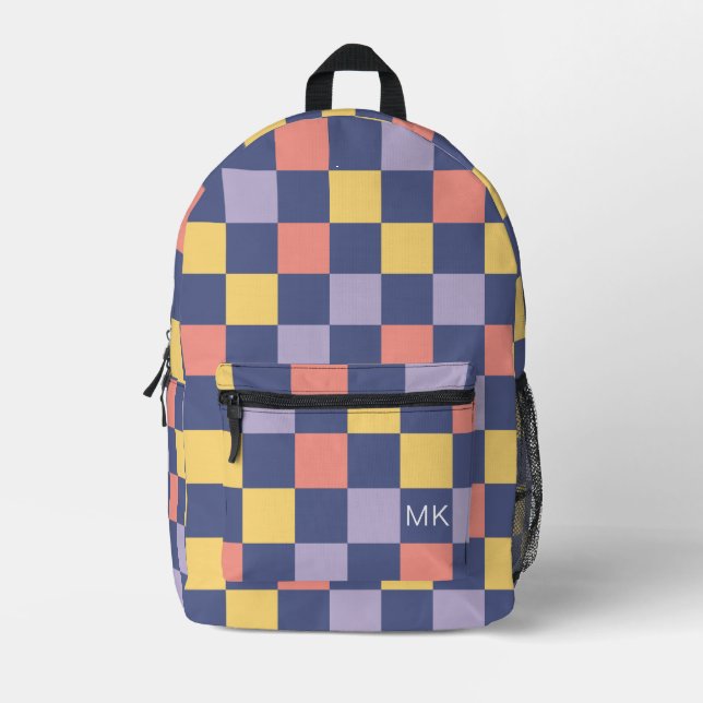 Farbige Monogramm der Lila Checkerboard-Karte Bedruckter Rucksack (Vorderseite)