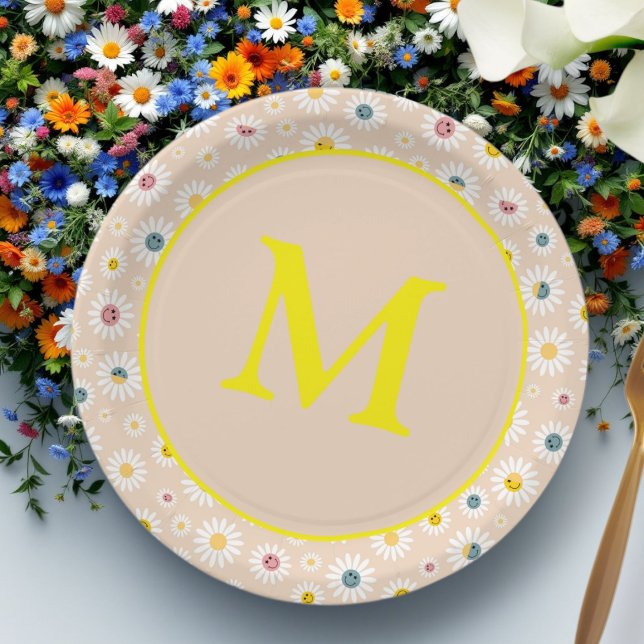 Farbige Monogramm Lächeln Daisy personalisiert Pappteller (Colourful Monogram Smiling Daisy personalised Paper Plates)