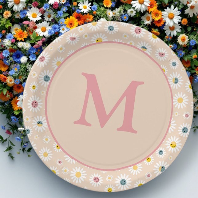 Farbige Monogramm Lächeln Daisy personalisiert Pappteller (Colourful Monogram Smiling Daisy personalised Paper Plates)