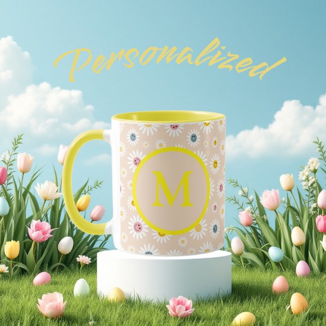Farbige Monogramm Lächeln Daisy personalisiert Tasse (Colourful Monogram Smiling Daisy personalised Mug)