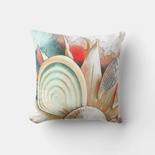 Farbige Muscheln auf Strand-Aquarellmalerei Kissen