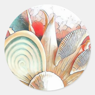 Farbige Muscheln auf Strand-Aquarellmalerei  Runder Aufkleber
