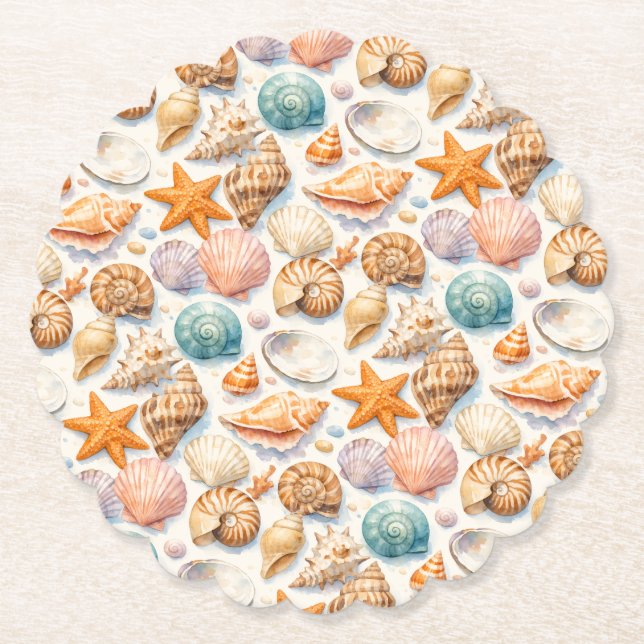 Farbige Muscheln. Maritim. Papieruntersetzer Untersetzer (Vorderseite)