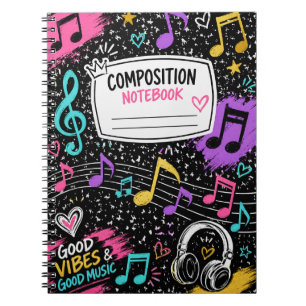 Farbige Musiknoten & Good Vibes Kompositionsnotizb Notizblock