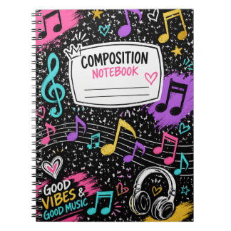 Farbige Musiknoten & Good Vibes Kompositionsnotizb Notizblock