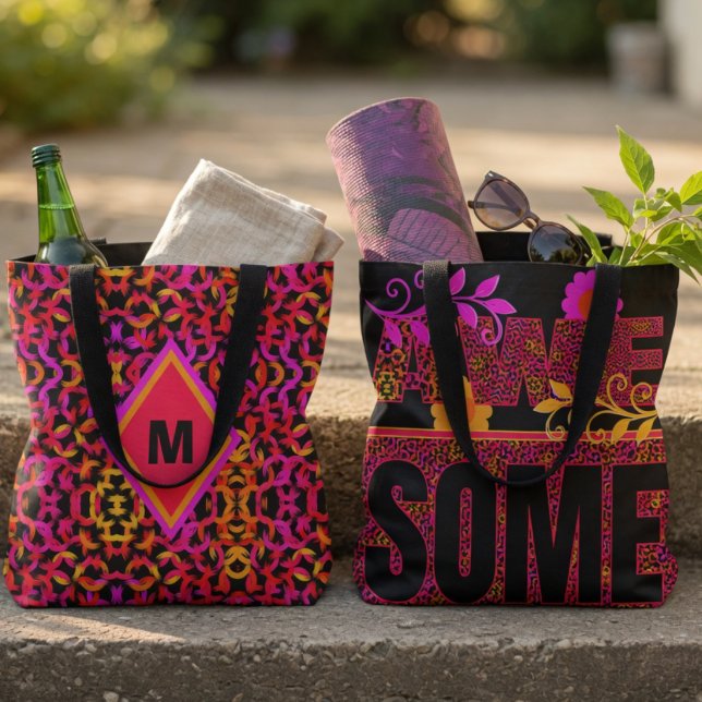 Farbige Mustertasche mit dem Text Awesome (Flip it for flair. Bold pattern with a personal touch. Customize it with ease.)