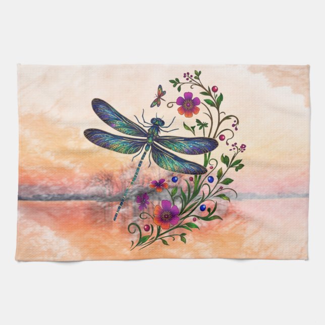 Farbige Natur Lebendige Libelle Florale Kunst  Geschirrtuch (Horizontal)