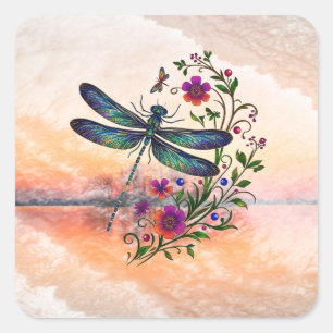 Farbige Natur Lebendige Libelle Florale Kunst Quadratischer Aufkleber