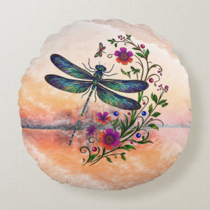 Farbige Natur Lebendige Libelle Florale Kunst Rundes Kissen
