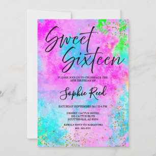 Farbige Neon-Wasserfarben-Sweet-Sixteen-Party Einladung