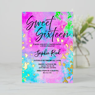 Farbige Neon-Wasserfarben-Sweet-Sixteen-Party Folieneinladung