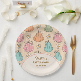 Farbige, neutrale Beige Pumpkin Pattern Baby Dusch Pappteller