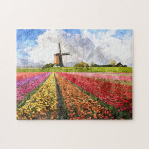 Farbige niederländische Tulpen Blumenfelder Wasser Puzzle