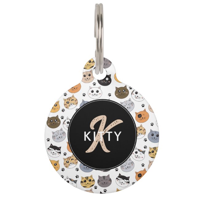 Farbige Niedliche Funny Cats & Paw Muster Monogram Haustiermarke (Vorderseite)