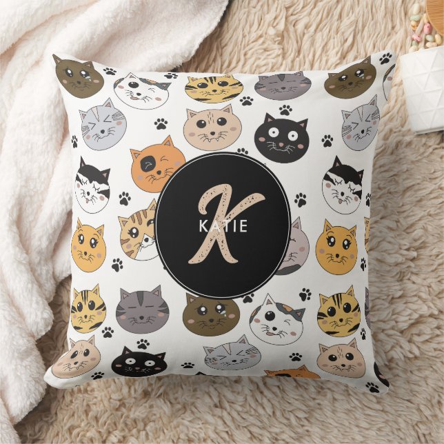 Farbige Niedliche Funny Cats & Paw Muster Monogram Kissen (Decke)