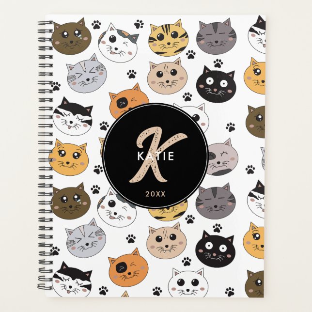 Farbige Niedliche Funny Cats & Paw Muster Monogram Planer (Vorderseite)